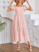A-Line Loose Elasticity Pleated Ruffled Solid Color Split-Joint Off-The-Shoulder Midi Dresses